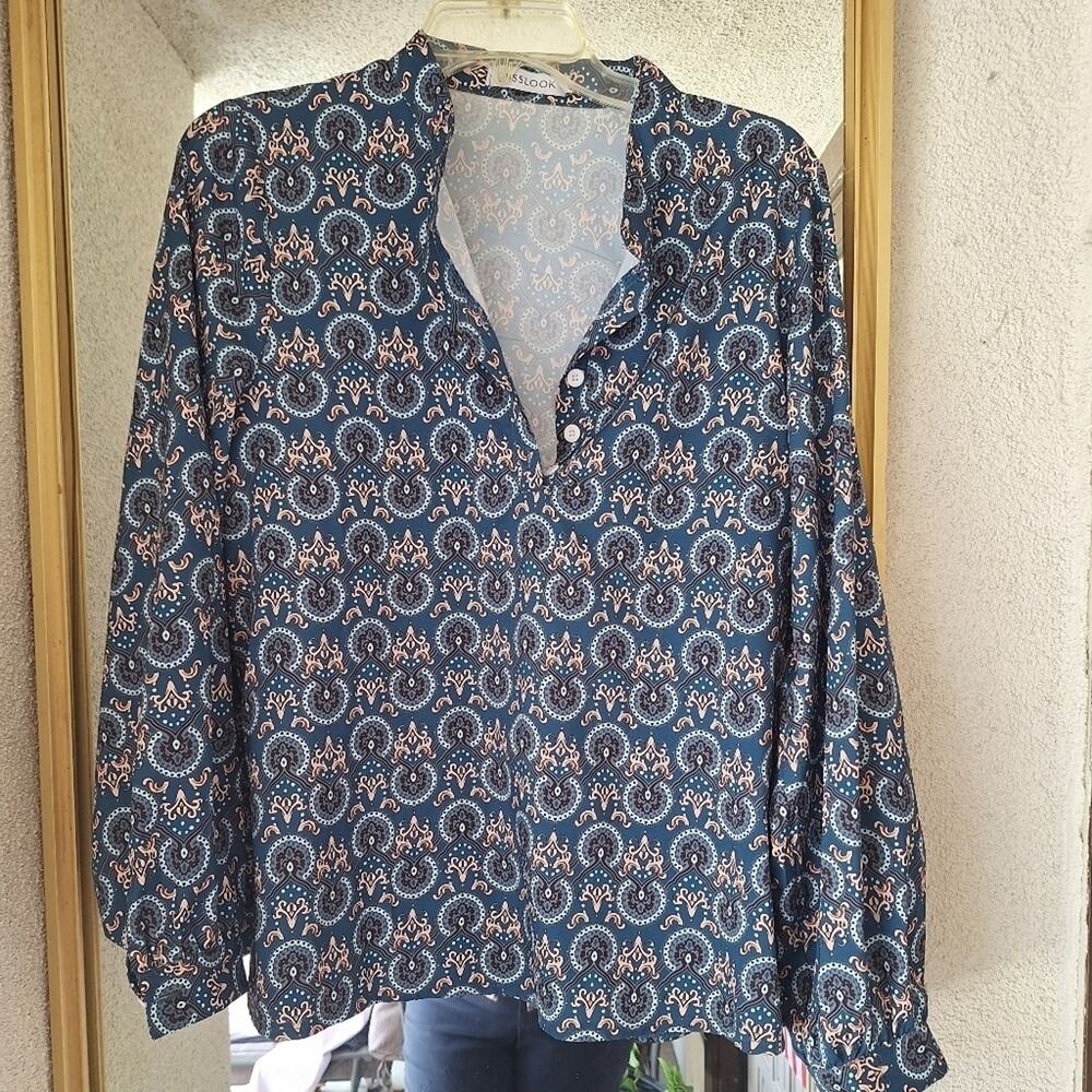 MissLook Suit Blouse Polyester Long Sleeve No Collar SzL 1/2Button Down NWOT